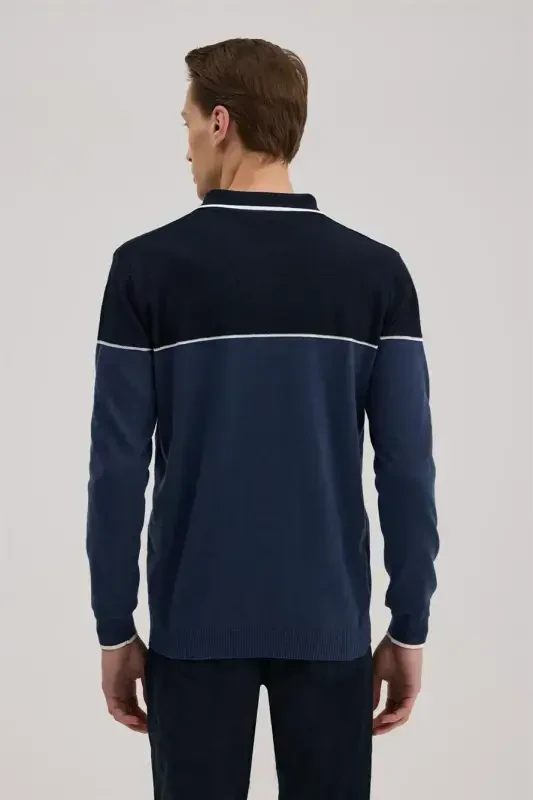 Blue Slim Fit Zippered Polo Neck Knitwear - 4