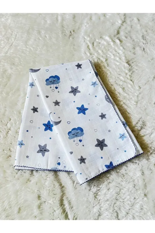 Blue Starry Cloud Patterned Muslin Fabric Baby Swaddle Blanket-Blue - 1