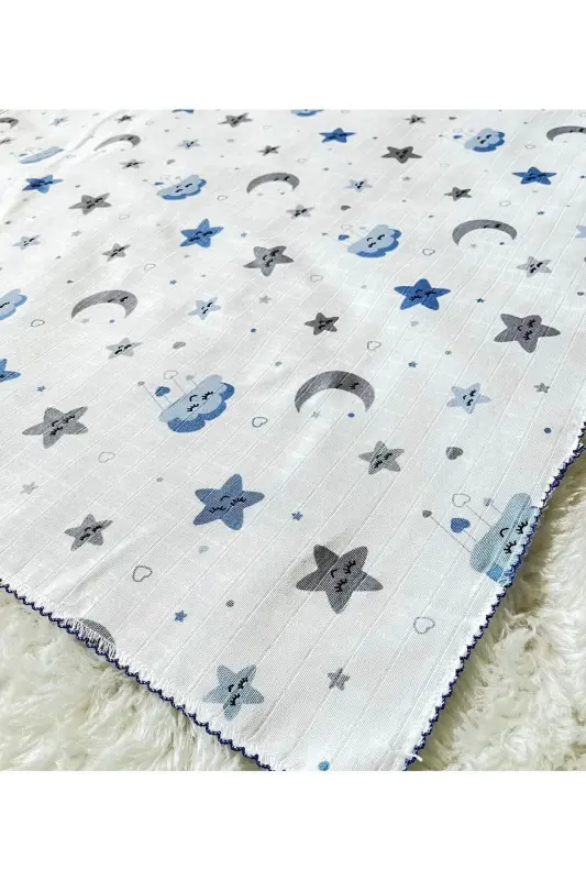 Blue Starry Cloud Patterned Muslin Fabric Baby Swaddle Blanket-Blue - 2