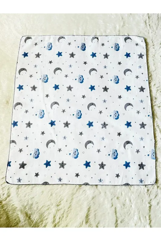 Blue Starry Cloud Patterned Muslin Fabric Baby Swaddle Blanket-Blue - 3