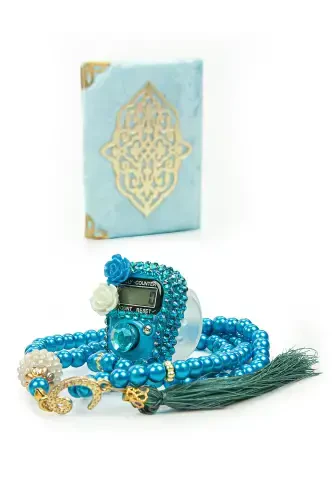 Blue Stone Dhikr Counter - Pocket Size Arabic Yasin-i Sharif - Hajj Umrah Gift Set with Pearl Rosary - Purple - 4