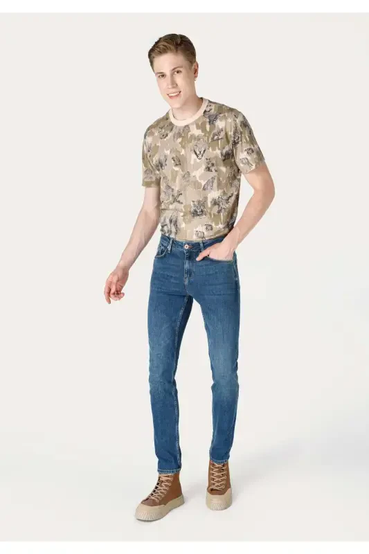 Blue, straight leg, low waist, regular fit trousers for men. - 1