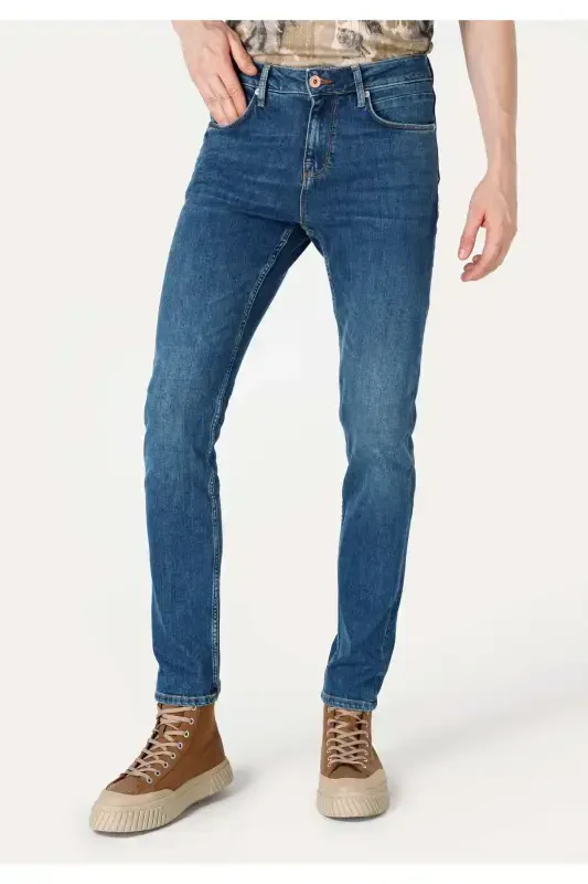 Blue, straight leg, low waist, regular fit trousers for men. - 4