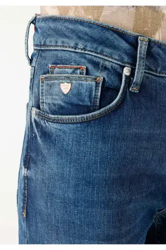 Blue, straight leg, low waist, regular fit trousers for men. - 5