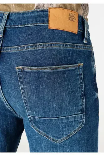 Blue, straight leg, low waist, regular fit trousers for men. - 6