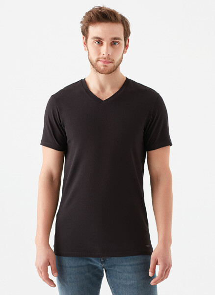 Blue Stretch V-Neck Slim Fit Plain Black Men's T-Shirt - 1