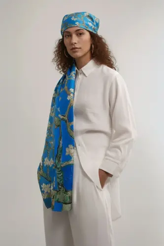 Blue Van Gogh Almond Blossoms 50x170 Satin Silk Scarf 