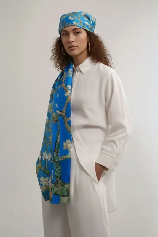 Blue Van Gogh Almond Blossoms 50x170 Satin Silk Scarf - DERIDERIM