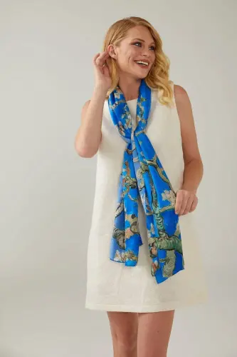 Blue Van Gogh Almond Blossoms 50x170 Satin Silk Scarf - 5
