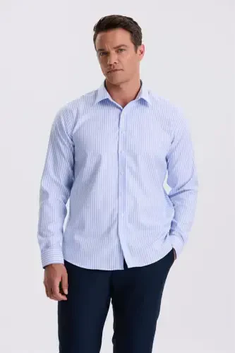 Blue White Comfort Fit Non-Iron 100% Cotton Striped Shirt - 1