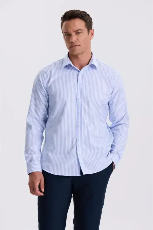 Blue White Comfort Fit Non-Iron 100% Cotton Striped Shirt - 1