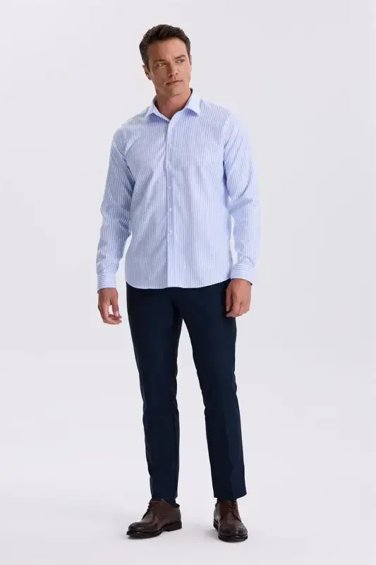 Blue White Comfort Fit Non-Iron 100% Cotton Striped Shirt - 2