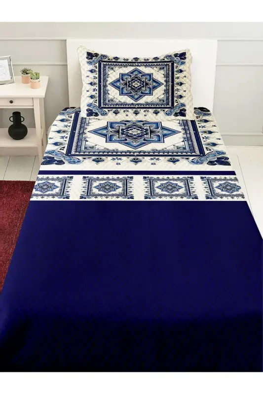 Blue White Floral Patterned Printed Single and Kids Pique Set-Pattern - 1