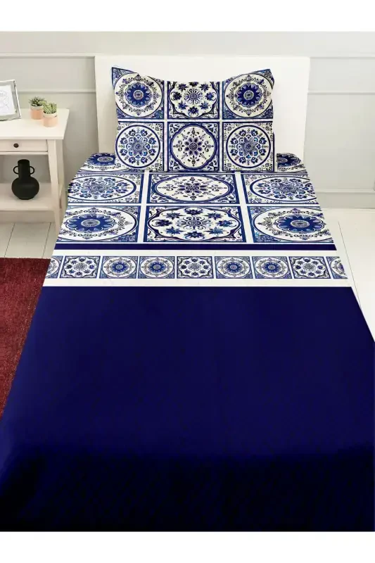 Blue White Tile Patterned Printed Single and Children's Pique Set-Pattern - Modazone