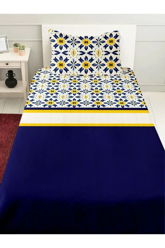 Blue White Yellow Ethnic Patterned Printed Single and Children's Pique Set-Pattern - 1