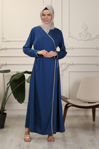 Blue Wrap Collar Cuffed Stretchy Interlock Fabric Prayer Dress - 1