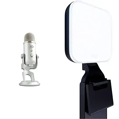 Blue Yeti USB Microphone for PC, Mac, Gaming, Recording, Streaming, and Podcasting + Logitech Litra Glow Premium LED Streaming Light with TrueSoft, brightness & color temp settings - Silver 