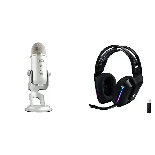 Blue Yeti USB микрофон для ПК, Mac, игр, записи, потоковой передачи и подкастинга + G733 Lightspeed беспроводная игровая гарнитура с подвесным оголовьем, Lightsync RGB и PRO-G Audio - Серебристый - 1