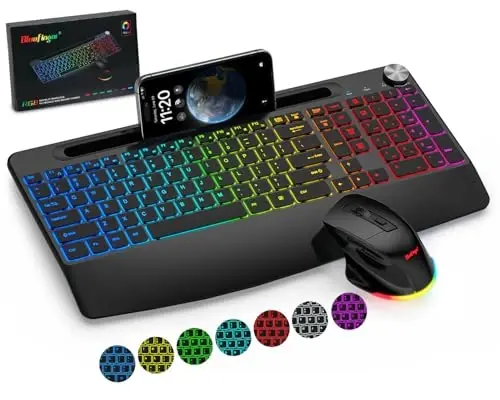 BlueFinger Wireless Keyboard and Mouse Combo Backlit, 2.4G Rechargeable Ergonomic Gaming Keyboard with Wrist Rest, Phone Holder, Volume Knob, Silent Light Up Keyboard with Mouse for Computer Laptop - BlueFinger