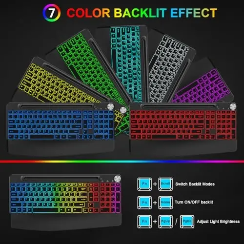BlueFinger Wireless Keyboard and Mouse Combo Backlit, 2.4G Rechargeable Ergonomic Gaming Keyboard with Wrist Rest, Phone Holder, Volume Knob, Silent Light Up Keyboard with Mouse for Computer Laptop - BlueFinger (1)