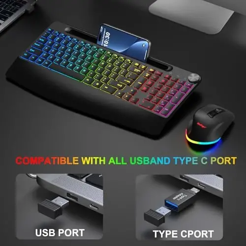BlueFinger Wireless Keyboard and Mouse Combo Backlit, 2.4G Rechargeable Ergonomic Gaming Keyboard with Wrist Rest, Phone Holder, Volume Knob, Silent Light Up Keyboard with Mouse for Computer Laptop - 7