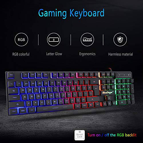 BlueFinger RGB Gaming Keyboard and Backlit Mouse Combo, USB Wired, LED Gaming Set for Laptop PC Computer Game and Work - 3