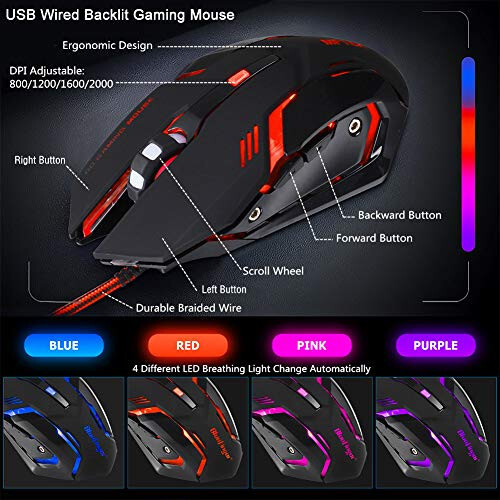 BlueFinger RGB Gaming Keyboard and Backlit Mouse Combo, USB Wired, LED Gaming Set for Laptop PC Computer Game and Work - 6