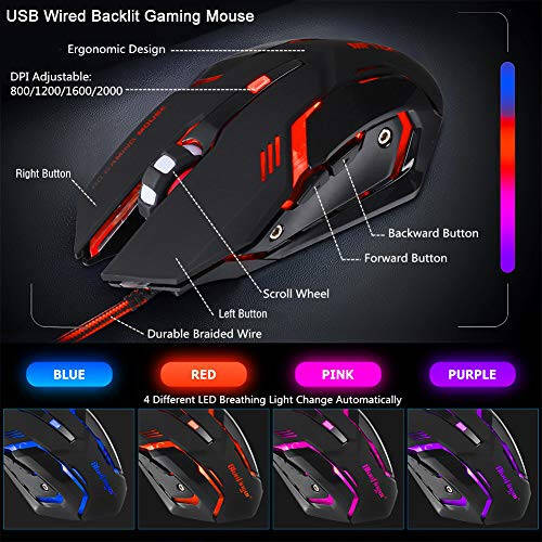 BlueFinger RGB Gaming Keyboard and Backlit Mouse Combo, USB Wired, LED Gaming Set for Laptop PC Computer Game and Work - 6