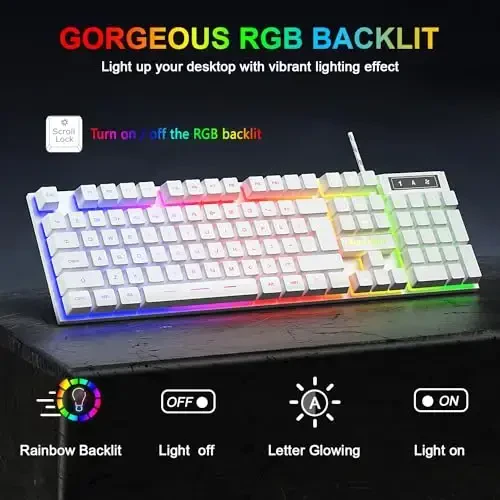 BlueFinger RGB Gaming Keyboard and Backlit Mouse Combo, USB Wired, LED Gaming Set for Laptop PC Computer Game and Work(White) - 2