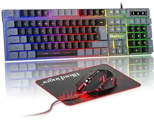 BlueFinger RGB Gaming klaviaturasi va yoritilgan sichqoncha kombinatsiyasi, USB simli, noutbuk kompyuter o'yini va ishlash uchun LED o'yin to'plami (kulrang va qora) - 1