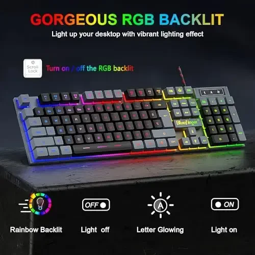 BlueFinger RGB Gaming klaviaturasi va yoritilgan sichqoncha kombinatsiyasi, USB simli, noutbuk kompyuter o'yini va ishlash uchun LED o'yin to'plami (kulrang va qora) - BLUEFINGER (1)