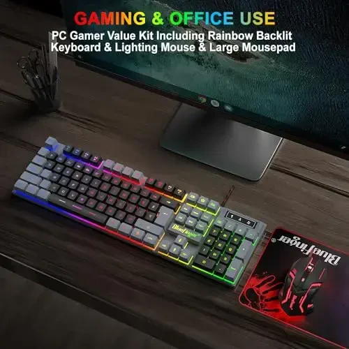 BlueFinger RGB Gaming klaviaturasi va yoritilgan sichqoncha kombinatsiyasi, USB simli, noutbuk kompyuter o'yini va ishlash uchun LED o'yin to'plami (kulrang va qora) - 6