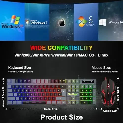 BlueFinger RGB Gaming klaviaturasi va yoritilgan sichqoncha kombinatsiyasi, USB simli, noutbuk kompyuter o'yini va ishlash uchun LED o'yin to'plami (kulrang va qora) - 7