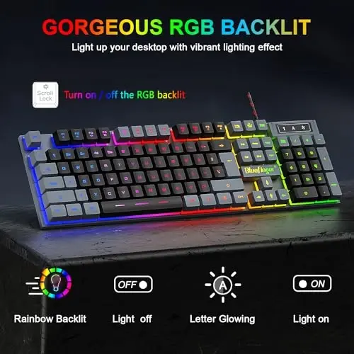 BlueFinger RGB Gaming klaviaturasi va yoritilgan sichqoncha kombinatsiyasi, USB simli, noutbuk kompyuter o'yini va ishlash uchun LED o'yin to'plami (kulrang va qora) - 2