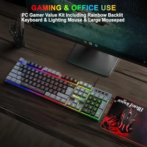 BlueFinger RGB Gaming klaviaturasi va yoritilgan sichqoncha kombinatsiyasi, USB simli, noutbuk kompyuter o'yini va ishlash uchun LED o'yin to'plami (kulrang va qora) - 6