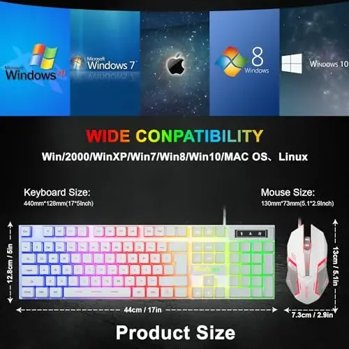 BlueFinger RGB игровая клавиатура и мышь с подсветкой, проводной USB, игровой набор со светодиодной подсветкой для ноутбука, ПК, игр и работы (белый) - 7