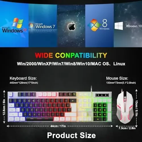 BlueFinger RGB игровая клавиатура и мышь с подсветкой, USB проводная, светодиодный игровой набор для ноутбука, ПК, игр и работы (белый и черный) - 7