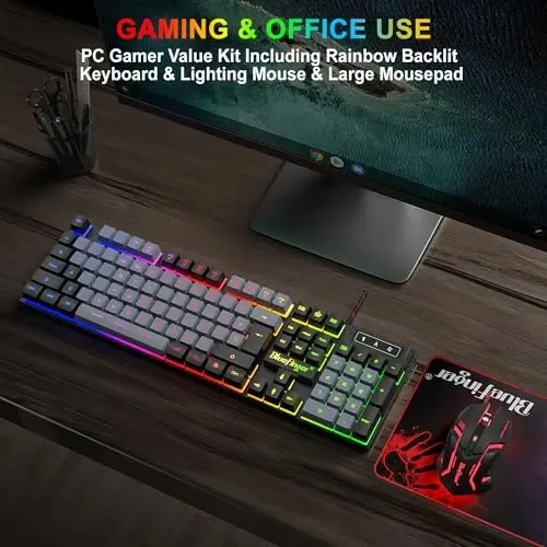 BlueFinger RGB oʻyin klaviaturasi va orqa yoritgichli sichqoncha kombinatsiyasi, USB simli, noutbuk kompyuter oʻyinlari va ishlash uchun LED oʻyin toʻplami (qora va kulrang) - 6
