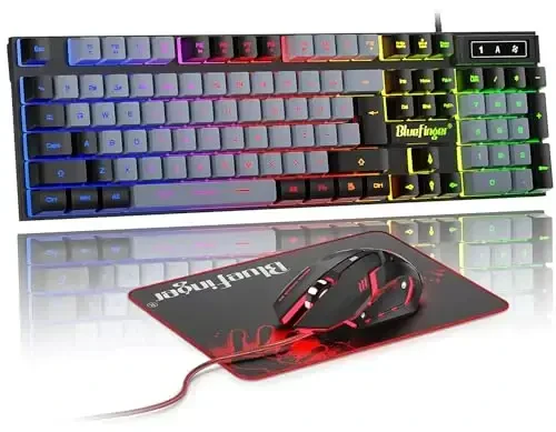 BlueFinger RGB oʻyin klaviaturasi va orqa yoritgichli sichqoncha kombinatsiyasi, USB simli, noutbuk kompyuter oʻyinlari va ishlash uchun LED oʻyin toʻplami (qora va kulrang) - 1