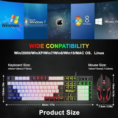 BlueFinger RGB Oʻyin klaviaturasi va yoritilgan sichqoncha kombinatsiyasi, USB simli, noutbuk kompyuter oʻyini va ishlash uchun LED oʻyin toʻplami (qora va oq) - 6