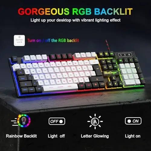 BlueFinger RGB Oʻyin klaviaturasi va yoritilgan sichqoncha kombinatsiyasi, USB simli, noutbuk kompyuter oʻyini va ishlash uchun LED oʻyin toʻplami (qora va oq) - 2