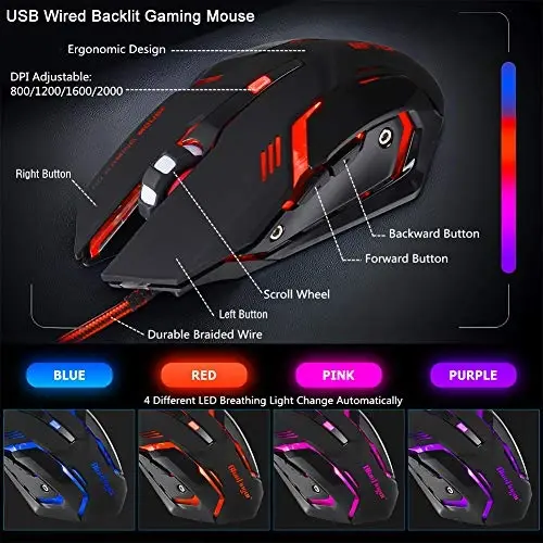 BlueFinger RGB Gaming Keyboard and Backlit Mouse Combo, USB Wired, LED Gaming Set for Laptop PC Computer Game and Work - 4