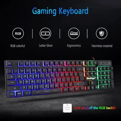 BlueFinger RGB Gaming Keyboard and Backlit Mouse Combo, USB Wired, LED Gaming Set for Laptop PC Computer Game and Work - 5