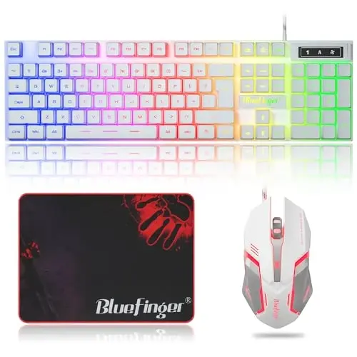 BlueFinger RGB Gaming Keyboard and Backlit Mouse Combo, USB Wired, LED Gaming Set for Laptop PC Computer Game and Work(White) 