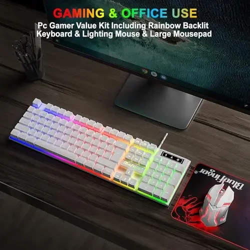 BlueFinger RGB Gaming Keyboard and Backlit Mouse Combo, USB Wired, LED Gaming Set for Laptop PC Computer Game and Work(White) - 4