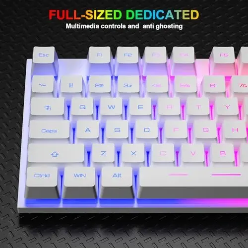 BlueFinger RGB Gaming Keyboard and Backlit Mouse Combo, USB Wired, LED Gaming Set for Laptop PC Computer Game and Work(White) - 5