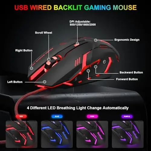 BlueFinger RGB Gaming Keyboard and Backlit Mouse Combo, USB Wired, LED Gaming Set for Laptop PC Computer Game and Work(Gray & Black) - 5