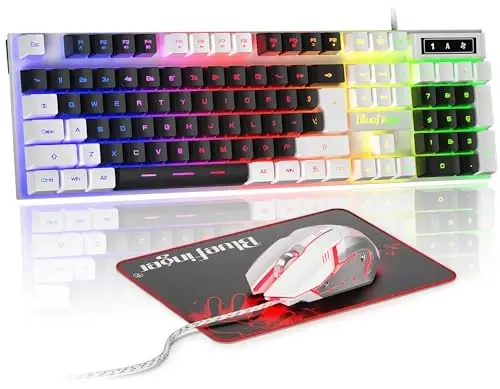 BlueFinger RGB Gaming Keyboard and Backlit Mouse Combo, USB Wired, LED Gaming Set for Laptop PC Computer Game and Work (White & Black) 
