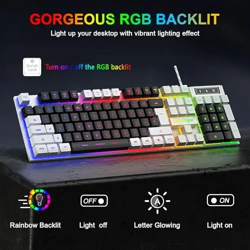 BlueFinger RGB Gaming Keyboard and Backlit Mouse Combo, USB Wired, LED Gaming Set for Laptop PC Computer Game and Work (White & Black) - 2