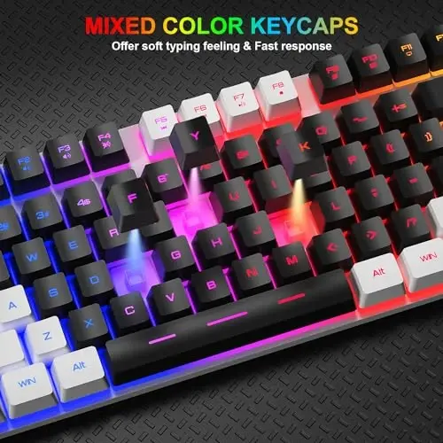 BlueFinger RGB Gaming Keyboard and Backlit Mouse Combo, USB Wired, LED Gaming Set for Laptop PC Computer Game and Work (White & Black) - 4